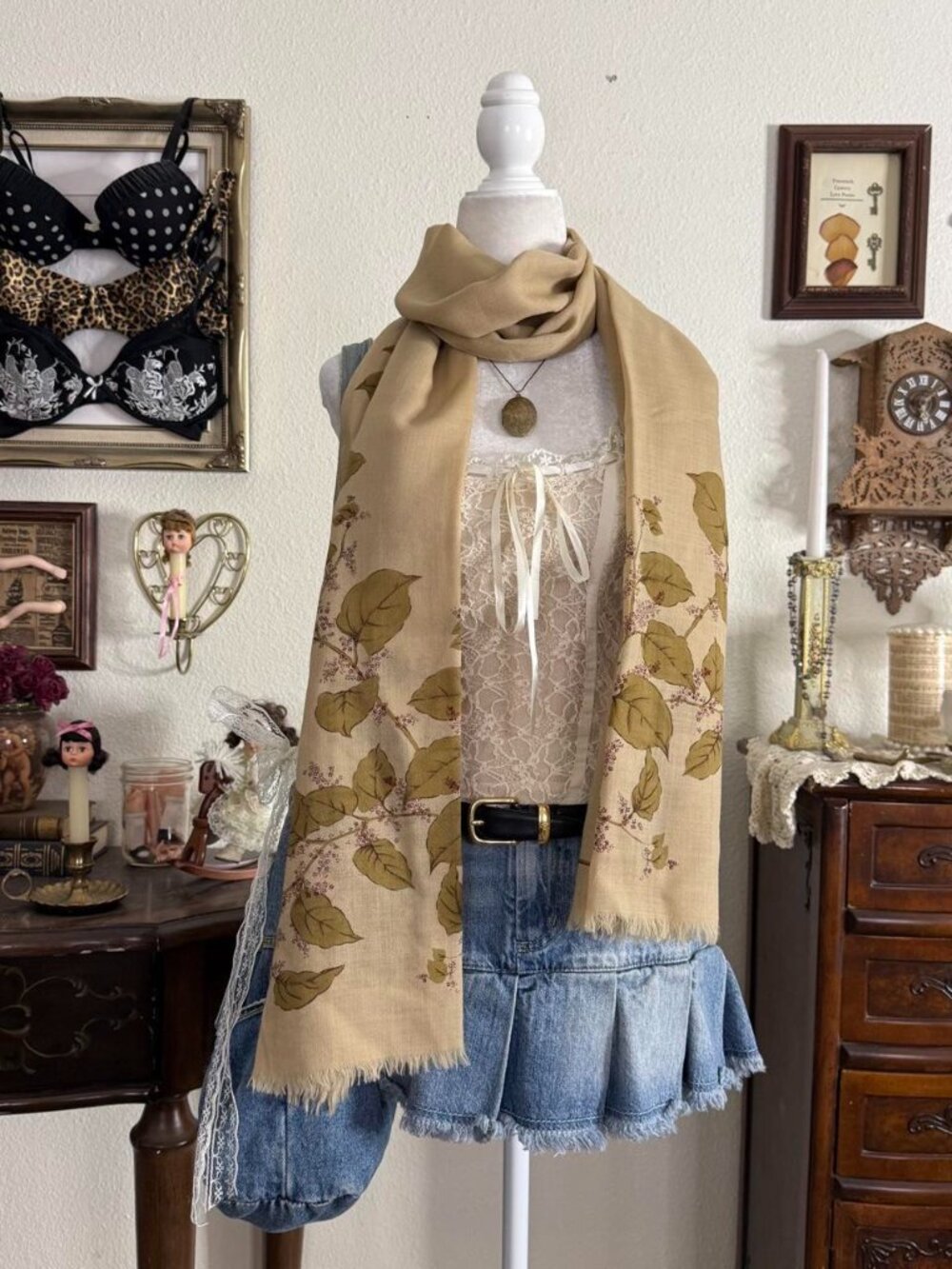 Vintage whimsical dainty fairy grunge floral autumnal wool scarf